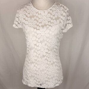 INC International Concepts Women's Short Sleeve Lace Top with Liner | White | Sm